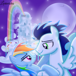 Size: 1300x1300 | Tagged: safe, artist:mlplary6, derpibooru import, rainbow dash, soarin', pegasus, pony, duo, female, holding, looking at each other, looking at someone, love, male, mare, moon, moonlight, rainbow dash's house, romantic, shipping, smiling, smiling at each other, soarindash, stallion, straight