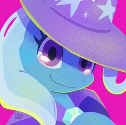 Size: 1250x1244 | Tagged: safe, artist:talim_stuff, derpibooru import, trixie, pony, unicorn, brooch, bust, cape, clothes, female, hat, jewelry, looking at you, mare, pink background, portrait, signature, simple background, smiling, smiling at you, solo, trixie's brooch, trixie's cape, trixie's hat