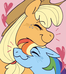 Size: 1700x1900 | Tagged: safe, artist:macrumbs, derpibooru import, applejack, rainbow dash, appledash, colored, eyes closed, female, hat, heart, lesbian, nuzzling, shipping, simple background