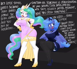 Size: 2300x2070 | Tagged: safe, artist:flutterthrash, derpibooru import, princess celestia, princess luna, alicorn, anthro, big breasts, black background, blatant lies, breasts, clothes, crown, dialogue, dress, duo, duo female, female, gloves, high heels, jewelry, necklace, regalia, royal sisters, s1 luna, shoes, siblings, simple background, sisters, speech, stockings, sweat, sweatdrop, talking, text, thigh highs, tiara