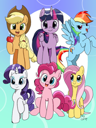 Size: 768x1024 | Tagged: safe, color edit, derpibooru import, edit, seven seas, applejack, fluttershy, pinkie pie, rainbow dash, rarity, twilight sparkle, twilight sparkle (alicorn), alicorn, earth pony, pegasus, pony, unicorn, my little pony: the manga, colored, gradient background, mane six, sketch gallery