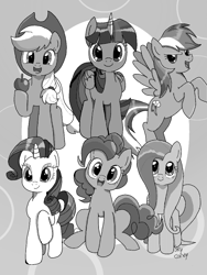 Size: 768x1024 | Tagged: safe, derpibooru import, seven seas, applejack, fluttershy, pinkie pie, rainbow dash, rarity, twilight sparkle, twilight sparkle (alicorn), alicorn, earth pony, pegasus, pony, unicorn, my little pony: the manga, female, grayscale, mane six, monochrome, sketch gallery, spread wings, wings