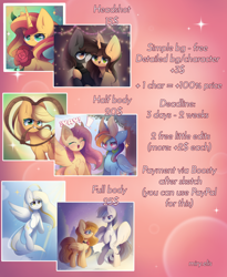 Size: 2700x3300 | Tagged: safe, artist:miryelis, derpibooru import, applejack, fluttershy, rainbow dash, sunset shimmer, oc, earth pony, pegasus, pony, unicorn, advertisement, bust, commission, commission info, cute, duo, flower, full body, hat, horn, looking at you, price list, price sheet, smiling, smiling at you, solo, text, wings