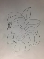 Size: 852x1136 | Tagged: safe, artist:6127fpcs, derpibooru import, apple bloom, earth pony, pony, female, filly, foal, one eye closed, photo, raised hoof, raised leg, solo, traditional art, wink