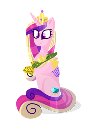 Size: 1019x1409 | Tagged: safe, artist:lindasaurie, derpibooru exclusive, derpibooru import, princess cadance, alicorn, fish, pony, animal, crown, eye clipping through hair, female, full body, jewelry, lineless, mare, petting, pike, regalia, simple background, sitting, smiling, transparent background