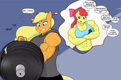 Size: 3931x2599 | Tagged: safe, artist:matchstickman, derpibooru import, apple bloom, applejack, anthro, earth pony, abs, apple bloom's bow, apple bloomed, apple brawn, apple sisters, applejacked, barbell, biceps, bow, breasts, clothes, deltoids, dialogue, duo, female, gritted teeth, grunting, hair bow, mare, matchstickman's apple brawn series, muscles, muscular female, older, older apple bloom, pecs, siblings, sisters, speech bubble, sweat, teeth, thought bubble, weights