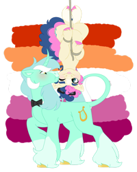 Size: 1280x1600 | Tagged: safe, artist:itstechtock, derpibooru import, bon bon, lyra heartstrings, sweetie drops, earth pony, pony, unicorn, bowtie, female, kissing, lesbian, lyrabon, mouthpiece, pride, pride flag, shipping, simple background, transparent background, upside down