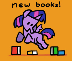 Size: 974x821 | Tagged: safe, artist:docwario, derpibooru import, twilight sparkle, twilight sparkle (alicorn), alicorn, pony, book, bookhorse, chibi, dialogue, flying, looking at something, orange background, simple background, solo, spread wings, that pony sure does love books, wings