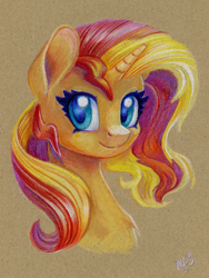 Size: 900x1200 | Tagged: safe, artist:maytee, derpibooru import, sunset shimmer, pony, unicorn, bust, colored pencil drawing, portrait, solo, traditional art