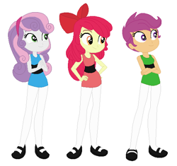 Size: 537x505 | Tagged: safe, artist:03daimond24, artist:selenaede, derpibooru import, apple bloom, scootaloo, sweetie belle, human, equestria girls, barely eqg related, base used, blossom (powerpuff girls), blue dress, bow, bubbles (powerpuff girls), buttercup (powerpuff girls), clothes, crossed arms, crossover, cutie mark crusaders, dress, green dress, hair bow, hand on hip, hands together, headband, leggings, miniskirt, pink dress, shoes, simple background, the powerpuff girls, white background