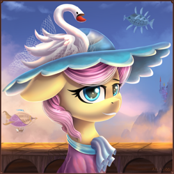 Size: 2000x2000 | Tagged: safe, artist:atlas-66, derpibooru import, swan song, airship, canterlot, commission, equestria, hat, mountain, sky, zeppelin