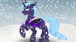 Size: 1920x1080 | Tagged: safe, artist:puginpocket, derpibooru import, oc, oc only, oc:nihea tamin, changeling, armor, blue mane, blue tail, changeling oc, folded wings, male, smiling, snow, snowfall, solo, tail, wings