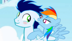 Size: 1920x1080 | Tagged: safe, artist:mlplary6, derpibooru import, rainbow dash, soarin', pegasus, pony, animated, biting, blushing, ear bite, female, gif, looking at each other, looking at someone, male, mare, nom, shipping, smiling, soarindash, stallion, straight