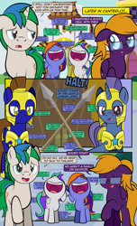 Size: 1920x3168 | Tagged: safe, artist:alexdti, derpibooru import, oc, oc:bright comet, oc:purple creativity, oc:star logic, oc:violet moonlight, earth pony, pegasus, pony, unicorn, comic:quest for friendship, armor, dialogue, excited, eyes closed, father and child, father and daughter, father and son, female, glasses, husband and wife, male, married couple, mother and child, mother and daughter, mother and son, open mouth, parent and child, royal guard, royal guard armor, spear, speech bubble, uvula, volumetric mouth, weapon