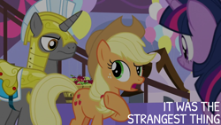 Size: 1920x1080 | Tagged: safe, derpibooru import, edit, edited screencap, editor:quoterific, screencap, applejack, twilight sparkle, alicorn, earth pony, pony, unicorn, the ending of the end, applejack's hat, armor, clothes, cowboy hat, hat, helmet, royal guard