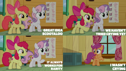 Size: 2000x1125 | Tagged: safe, derpibooru import, edit, edited screencap, editor:quoterific, screencap, apple bloom, scootaloo, sweetie belle, earth pony, pegasus, pony, unicorn, marks for effort, apple bloom's bow, bow, clubhouse, crusaders clubhouse, cutie mark crusaders, hair bow, trio