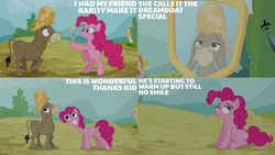 Size: 2000x1125 | Tagged: safe, derpibooru import, edit, edited screencap, screencap, cranky doodle donkey, pinkie pie, donkey, earth pony, pony, a friend in deed, season 2, bipedal, duo, duo male and female, eyebrows, female, frown, grin, male, mare, mirror, reflection, sitting, smiling, wig