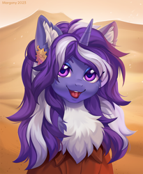 Size: 988x1206 | Tagged: safe, artist:margony, derpibooru import, oc, oc only, oc:sweet-voiced alice, pony, unicorn, chest fluff, desert, ear fluff, ear piercing, ears, eyebrows, eyeshadow, horn, looking at you, makeup, open mouth, open smile, piercing, signature, smiling, smiling at you, solo, unicorn oc