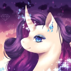 Size: 1024x1024 | Tagged: safe, artist:brot-art, derpibooru import, rarity, pony, unicorn, curved horn, cute, ear piercing, earring, eyeshadow, female, glowing, glowing horn, horn, jewelry, lineless, magic, makeup, mare, piercing, raribetes, solo, sparkles