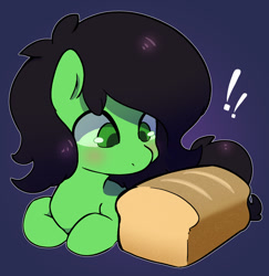 Size: 1033x1063 | Tagged: artist needed, safe, artist:talim_stuff, derpibooru import, oc, oc:anon filly, earth pony, pony, blushing, bread, exclamation point, female, filly, foal, food, looking at something, lying down, ponyloaf, prone, simple background, solo