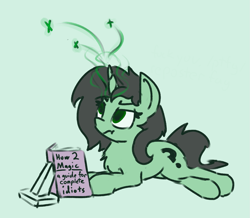 Size: 1255x1095 | Tagged: artist needed, safe, ponerpics import, oc, oc:anon filly, pony, unicorn, book, chest fluff, female, filly, foal, green background, magic, prone, simple background, solo