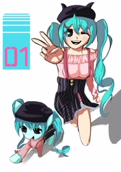 Size: 2480x3508 | Tagged: safe, artist:solid shrimp, derpibooru import, earth pony, human, pony, anime, clothes, dress, duo, duo female, female, hatsune miku, human ponidox, kotobukiya, self paradox, self ponidox, shirt, simple background, skirt, vocaloid, white background