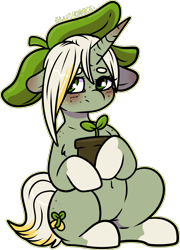 Size: 1281x1784 | Tagged: safe, artist:sexygoatgod, derpibooru import, oc, oc only, oc:valley lily, pony, unicorn, adoptable, auction, blushing, ears, female, floppy ears, hat, looking away, plant, shy, simple background, solo, transparent background