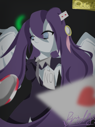 Size: 768x1024 | Tagged: safe, artist:bridge, derpibooru import, oc, oc only, pegasus, semi-anthro, :i, autograph, blue eyes, bowtie, casino, clothes, dealer, eye clipping through hair, eyebrows, grayscale, long hair, long mane, monochrome, paper, solo, spread wings, standing, wings