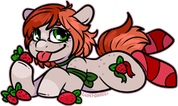 Size: 1756x1044 | Tagged: safe, artist:sexygoatgod, derpibooru import, oc, oc only, oc:strawberry ribbons, earth pony, pony, :p, adoptable, auction, clothes, female, food, ribbon, simple background, smiling, socks, solo, stockings, strawberry, striped socks, thigh highs, tongue, tongue out, transparent background