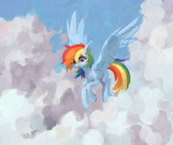 Size: 1250x1052 | Tagged: safe, artist:koviry, derpibooru import, rainbow dash, pegasus, pony, cloud, female, flying, looking down, mare, redraw, solo