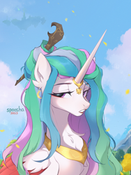 Size: 2400x3200 | Tagged: safe, artist:spoosha, derpibooru import, princess celestia, alicorn, pony, alternate hairstyle, chest fluff, cloud, colored wings, female, high res, horn, horn ring, jewelry, mare, regalia, ring, sky, solo, wings