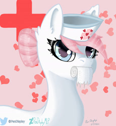 Size: 2000x2178 | Tagged: safe, artist:pendisplaymlp, derpibooru import, nurse redheart, earth pony, pony, bandage, cute, ear fluff, ears, female, hat, looking at you, mouth hold, nurse, nurse hat, pink hair, solo