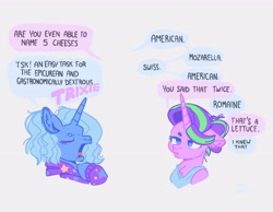 Size: 4096x3186 | Tagged: safe, artist:pastacrylic, derpibooru import, starlight glimmer, trixie, pony, unicorn, chest fluff, clothes, dialogue, hoodie, shirt