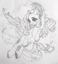 Size: 1160x1280 | Tagged: safe, artist:eiirine, derpibooru import, fluttershy, pegasus, pony, female, grayscale, grin, mare, monochrome, pencil drawing, smiling, solo, spread wings, traditional art, wings, wip