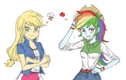 Size: 1688x1080 | Tagged: safe, artist:rainbowjack_, derpibooru import, applejack, rainbow dash, human, equestria girls, accessory swap, appledash, clothes, clothes swap, duo, duo female, female, lesbian, rolled up sleeves, shipping, short sleeves, simple background, slim, thin, white background, wristband