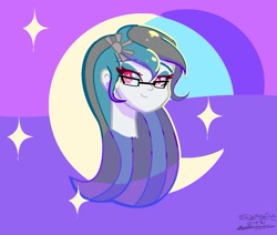 Size: 1193x1011 | Tagged: safe, artist:slightningdash, derpibooru import, oc, oc:silver dawn, equestria girls, bust, female, glasses, portrait, shine, shiny, simple background, smiling, sparkles