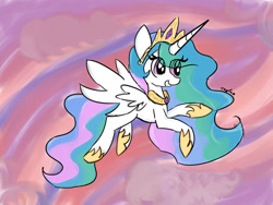 Size: 1024x768 | Tagged: safe, artist:tinytayla, derpibooru import, princess celestia, alicorn, pony, cloud, concave belly, crown, cute, cutelestia, ethereal mane, ethereal tail, eye clipping through hair, flying, hoof shoes, horn, jewelry, long horn, long mane, long tail, peytral, princess shoes, regalia, signature, sky, solo, spread wings, sunset, tail, wings