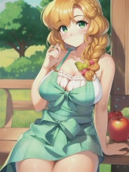 Size: 512x683 | Tagged: safe, derpibooru import, editor:sammykun, generator:novelai, generator:stable diffusion, machine learning assisted, pear butter, human, anime style, apple, apron, bench, big breasts, bow, braid, breasts, busty pear butter, clothes, cute, female, food, grass, grass field, hair bow, humanized, milf, mommy, outdoors, pearabetes, sitting, solo, thighs, tree