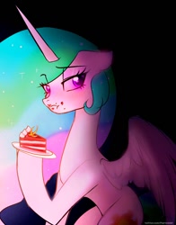 Size: 1074x1368 | Tagged: safe, artist:petaltwinkle, derpibooru import, princess celestia, alicorn, pony, blushing, cake, cake slice, cakelestia, concave belly, dark, eating, ethereal mane, eye clipping through hair, eyebrows, eyebrows visible through hair, female, food, long mane, looking at you, mare, messy eating, partially open wings, slim, solo, thin, wings
