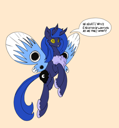 Size: 2300x2470 | Tagged: safe, artist:ponny, derpibooru import, princess luna, moth, mothpony, original species, pony, pun, simple background, solo, species swap, speech bubble, visual pun