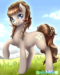 Size: 1200x1500 | Tagged: safe, artist:tokokami, derpibooru import, oc, oc only, oc:connie bloom, earth pony, pony, austria, earth pony oc, euro bronycon, female, looking at you, mare, mascot, raised hoof, raised leg, signature, smiling, smiling at you, solo