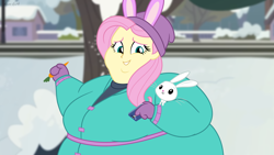 Size: 2560x1440 | Tagged: safe, artist:neongothic, derpibooru import, angel bunny, fluttershy, human, equestria girls, bbw, belly, big belly, bingo wings, breasts, bunny ears, carrot, cellphone, chubby cheeks, clothes, coat, cute, double chin, fat, fat ass, fat boobs, fat fetish, fattershy, female, fetish, food, hootershy, male, phone, smiling, snow, ssbbw