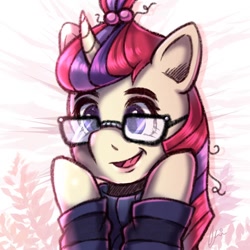 Size: 1024x1024 | Tagged: safe, artist:littlexdemon, derpibooru import, moondancer, pony, unicorn, abstract background, bust, clothes, female, glasses, hooves on cheeks, mare, open mouth, open smile, smiling, solo, sweater
