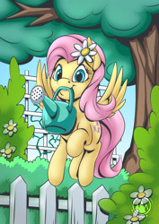 Size: 955x1351 | Tagged: safe, artist:mysticalpha, derpibooru import, fluttershy, pegasus, pony, cute, female, fence, flower, flower in hair, mare, mouth hold, shyabetes, solo, tree, trellis, watering can