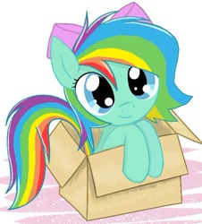 Size: 560x619 | Tagged: safe, artist:nuyadable, derpibooru import, oc, oc only, oc:emeraldbow, pegasus, pony, bow, box, cardboard box, colored, cute, female, filly, foal, hair bow, looking at you, mare, ocbetes, pegasus oc, pony in a box, simple background, smiling, smiling at you, solo, white background