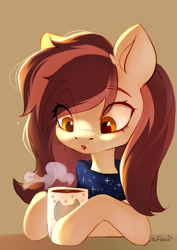 Size: 2894x4093 | Tagged: safe, artist:sofiko-ko, derpibooru import, oc, oc only, earth pony, pony, beige background, bust, clothes, drink, eye clipping through hair, eyebrows, eyebrows visible through hair, female, hoof hold, looking down, mare, mug, redraw, scarf, signature, simple background, solo, steam