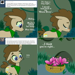 Size: 1302x1302 | Tagged: safe, artist:toadstool-prancer, derpibooru import, doctor whooves, oc, oc:tantamount, pony, crying, disguise, disguised changeling, flower, one ear down, solo, tantamount time turner