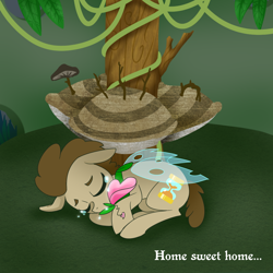 Size: 1000x1000 | Tagged: safe, artist:toadstool-prancer, derpibooru import, doctor whooves, oc, oc:tantamount, pony, crying, disguise, disguised changeling, flower, mushroom, sleeping, solo, tantamount time turner, tree