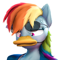 Size: 2000x2000 | Tagged: safe, artist:imafutureguitarhero, derpibooru import, rainbow dash, anthro, bird, duck, pegasus, 3d, aviator sunglasses, bust, cheek fluff, chest fluff, clothes, colored eyebrows, colored eyelashes, cross-popping veins, duck bill, ear fluff, ears, emanata, female, floppy ears, fluffy, fluffy hair, fluffy mane, funny, fur, glasses, glasses off, high res, jacket, literal duck face, mare, multicolored hair, multicolored mane, neck fluff, one ear down, paintover, rainbow dash is not amused, rainbow duck, revamped anthros, revamped ponies, simple background, solo, source filmmaker, sunglasses, tanktop, transparent background, unamused