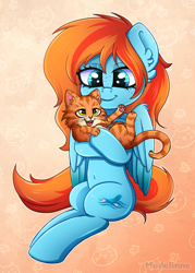 Size: 2000x2795 | Tagged: safe, artist:madelinne, derpibooru import, oc, oc only, oc:sea feather, cat, pegasus, pony, belly, belly button, carrying, freckles, partially open wings, solo, wings